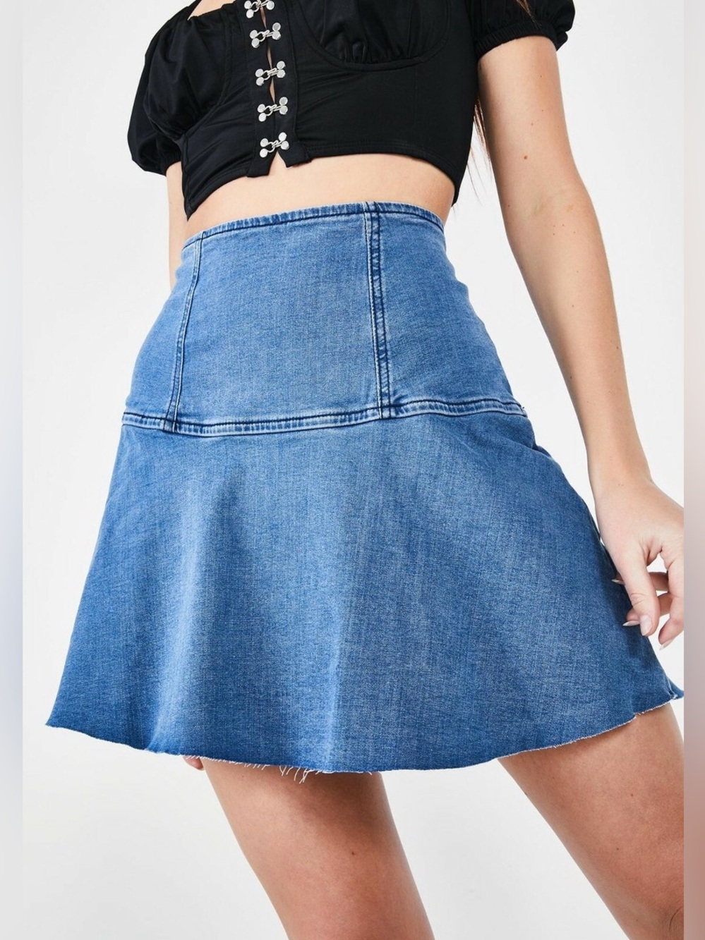 We The Free Highlands Denim Flared Mini Skirt | Size 8 | Raw Hem Blue